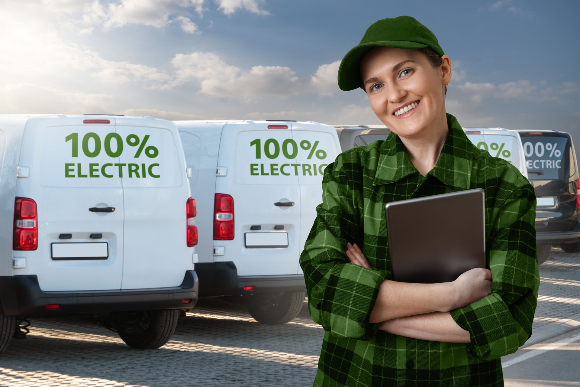 Woman with a digital tablet stands next to electric delivery van