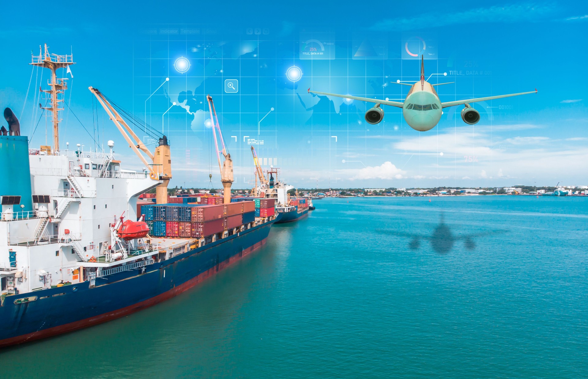 Global transportation logistics with cargo ship and airplane